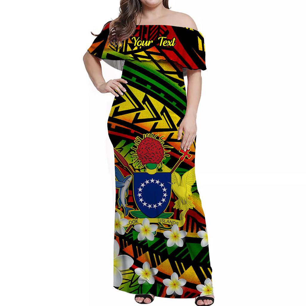 Custom Personalised Cook Islands Off Shoulder Long Dress Plumeria Flower Reggae Color