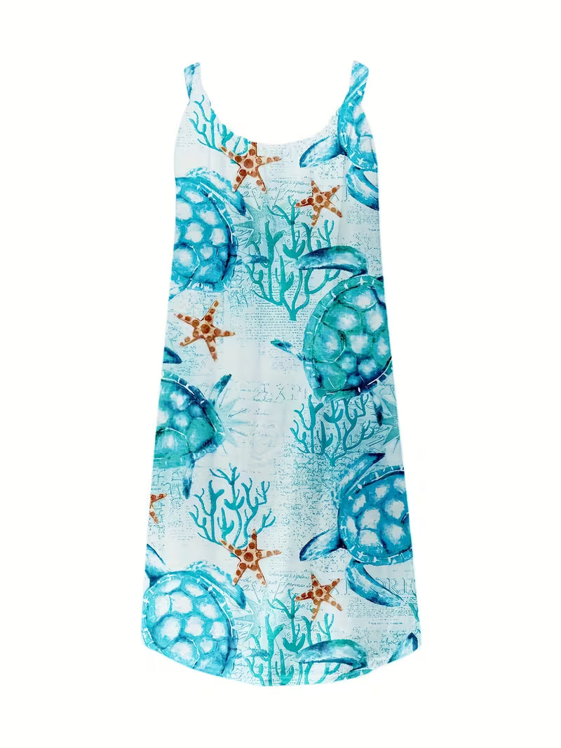 Turtle Print Round Neck High Stretch Cami Dress Tropical Beach Spaghetti Strap Dress, Women's Clothing