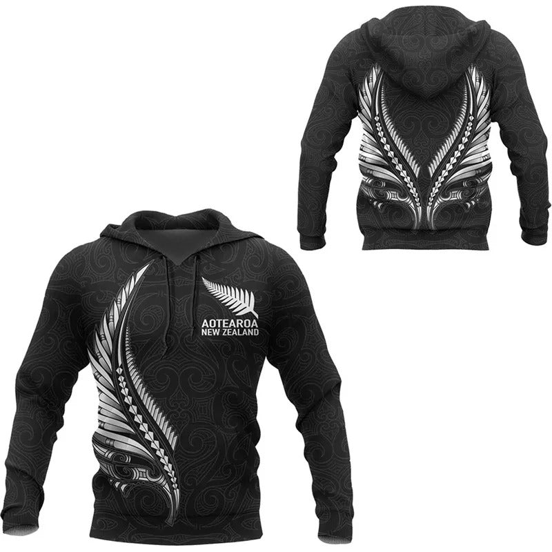 New Zealand Map Hoodie Silver Fern Pattern All Black Zip Up Hoodie All Over Print