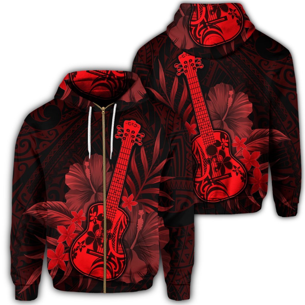 Hawaiian Hawaii Ukulele Flower Zip Hoodie Red
