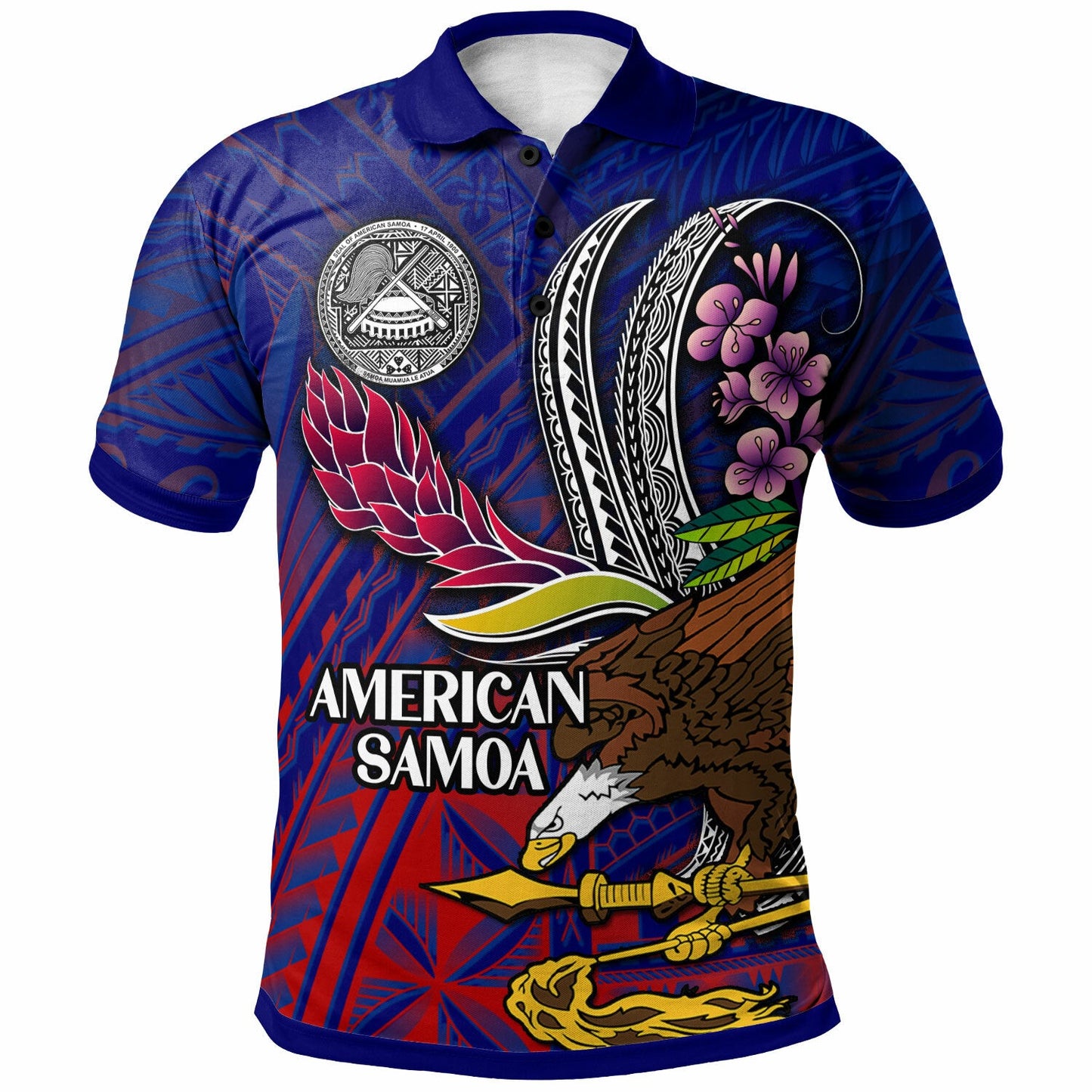 American Samoa Polo Shirt - Seal With National Flowers Polynesian Patterns