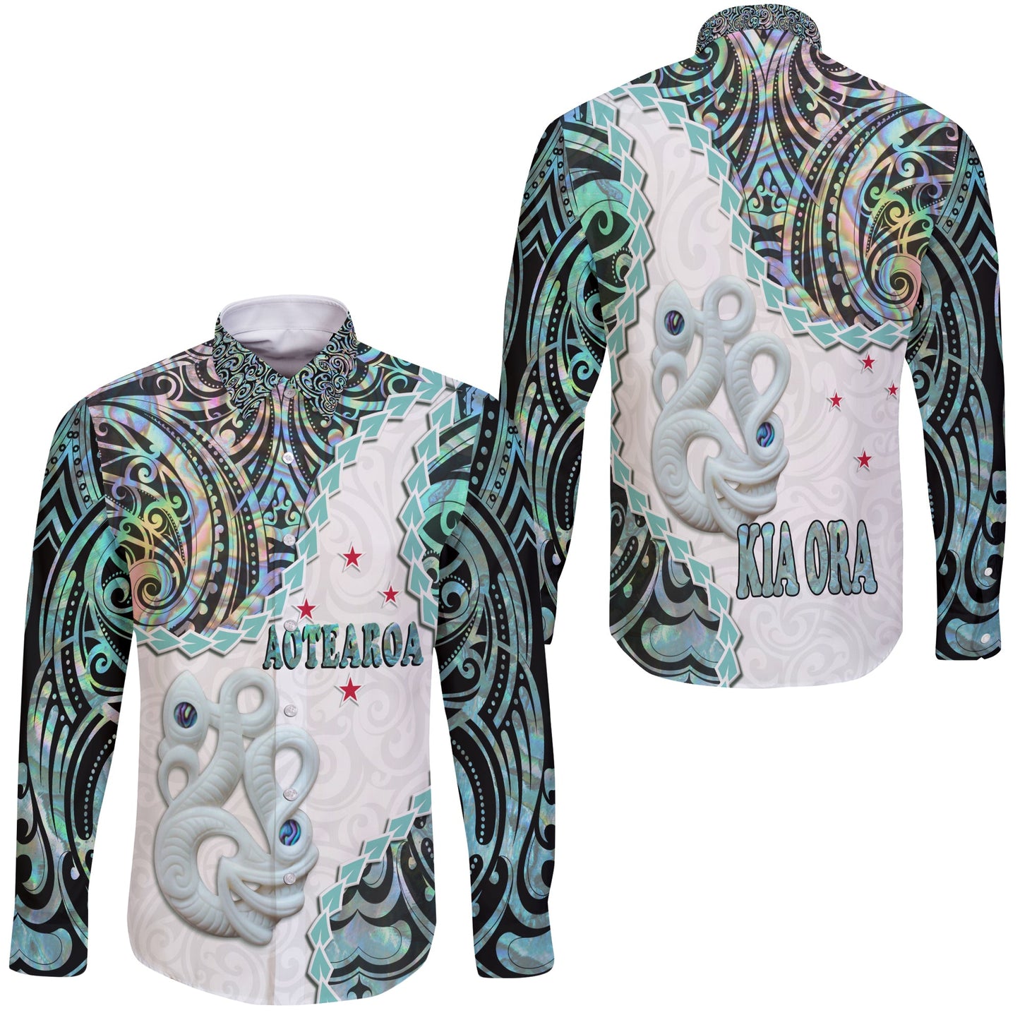 New Zealand Maori Hawaii Long Sleeve Button Shirt Aotearoa Manaia Basic Paua Shell Kia Ora