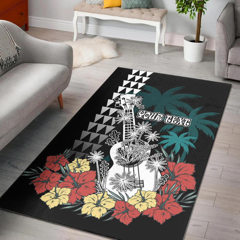 (Custom Personalised) Hawaii Ukulele Mix Hibiscus and Coconut Tree Area Rug Aloha Vintage Black Version