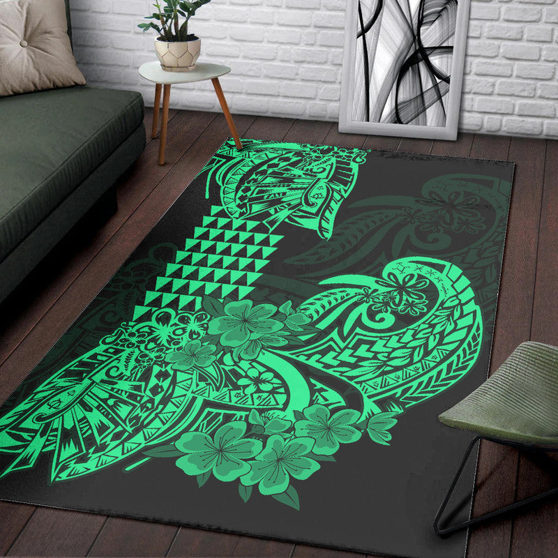 Hawaii Kakau Area Rug Polynesian Floral Tribal Green Version