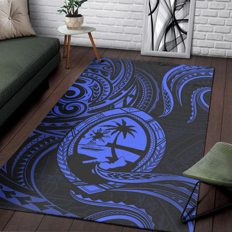 Polynesian Guam With Polynesian Tribal Tattoo and Coat of Arms Area Rug Blue Version