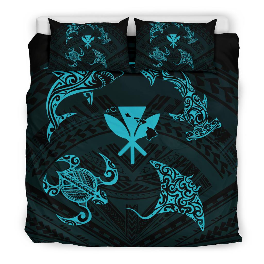 Polynesian Turtle Hammerhead Shark Ray Kanaka Hawaii Bedding Set Circle Blue