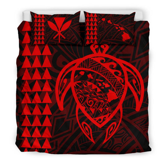 Hawaiian Map Kakau Turtle Kanaka Polynesian Bedding Set Red