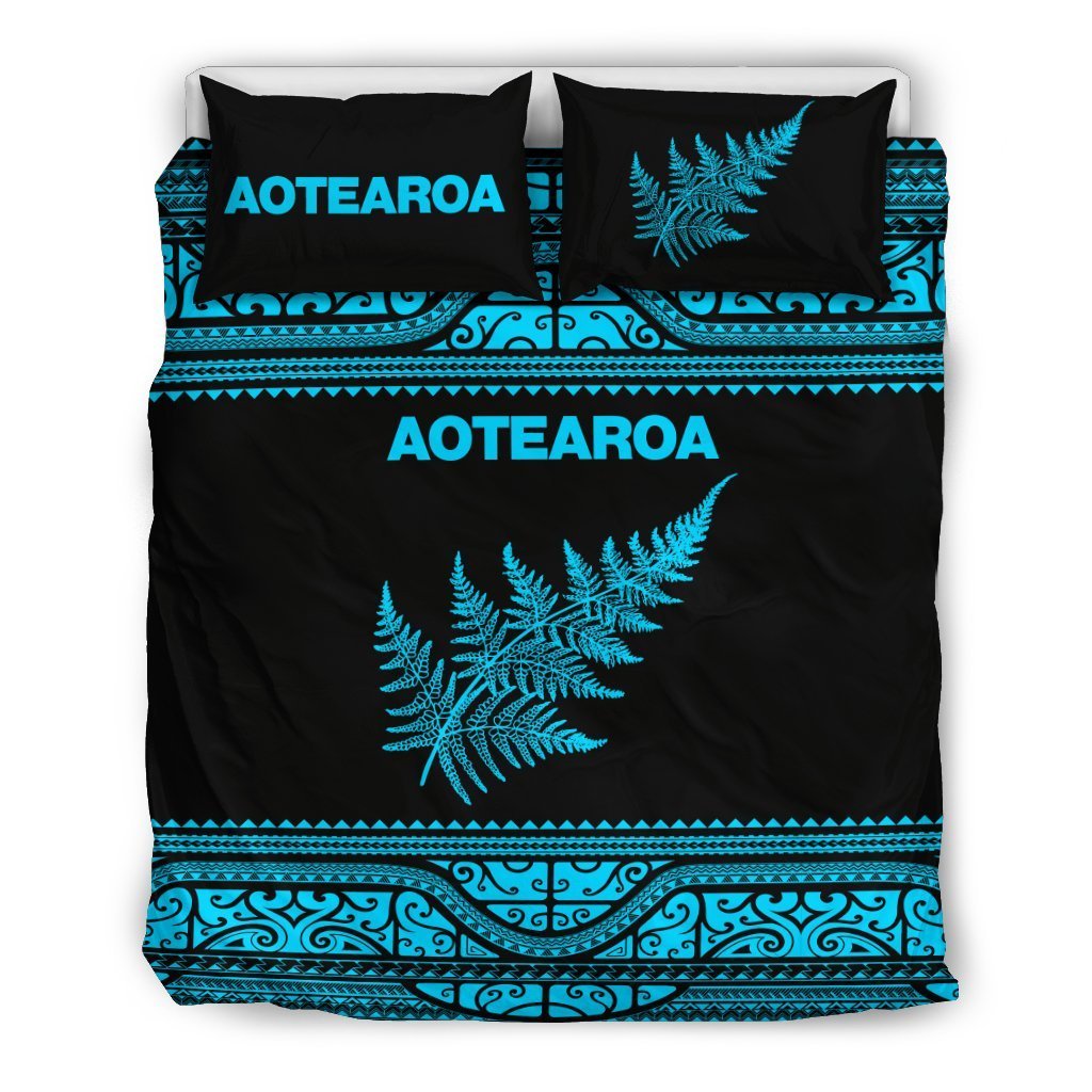 Aotearoa New Zealand Maori Bedding Set Silver Fern Blue