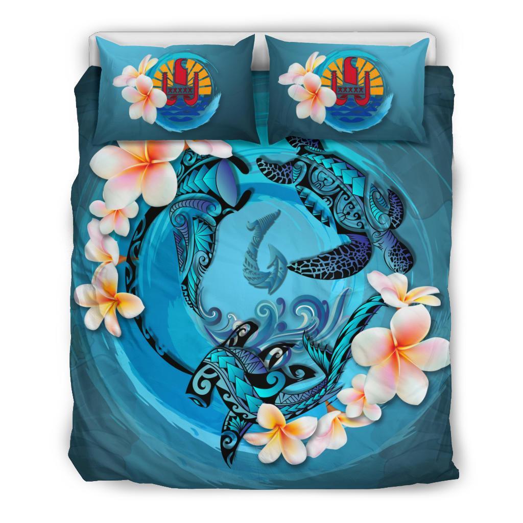 Polynesian Duvet Cover Set Tahiti Bedding Set Blue Plumeria Animal Tattoo