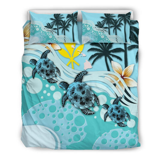Polynesian Duvet Cover Set Kanaka Maoli (Hawaiian) Bedding Set Blue Turtle Hibiscus