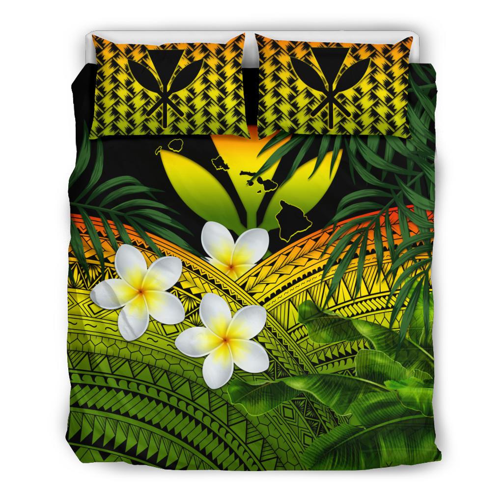 Kanaka Maoli (Hawaiian) Bedding Set, Polynesian Plumeria Banana Leaves Reggae
