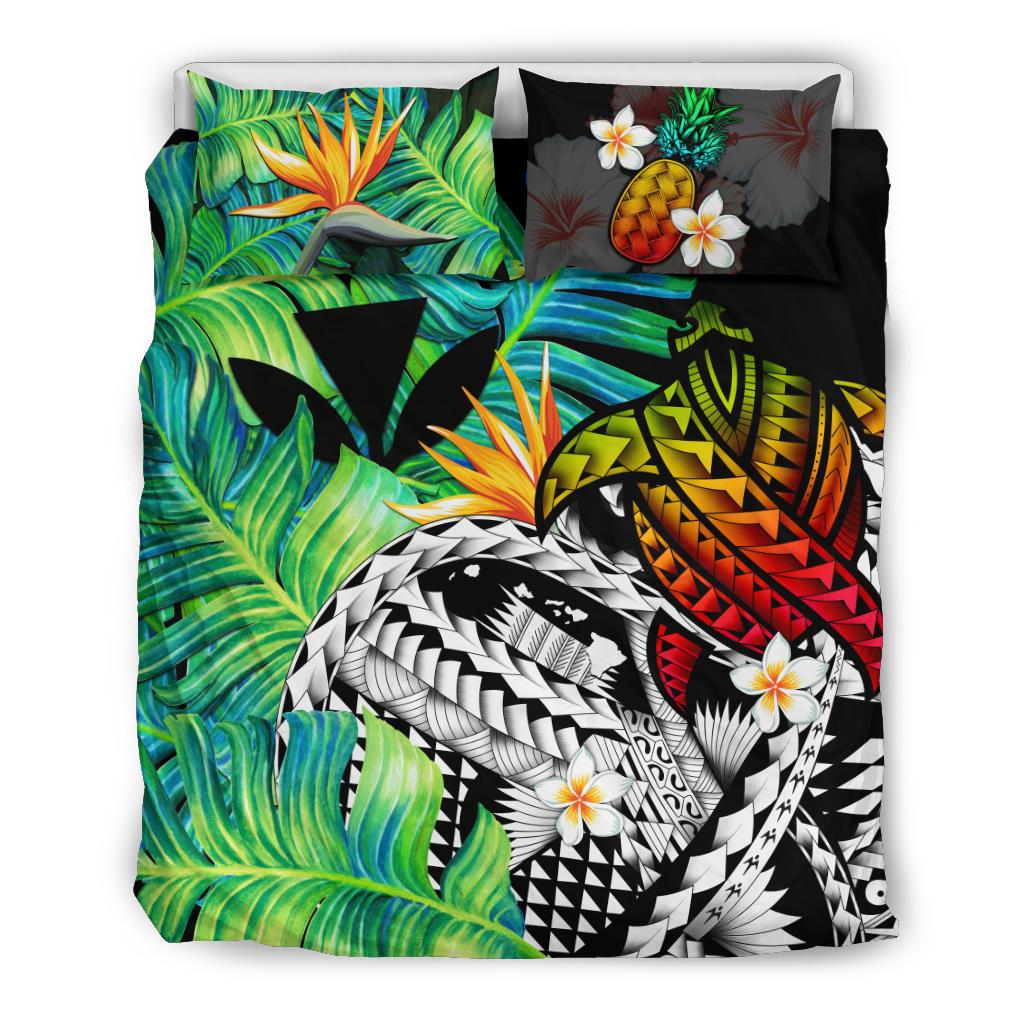 Kanaka Maoli (Hawaiian) Bedding Set, Polynesian Pineapple Banana Leaves Turtle Tattoo