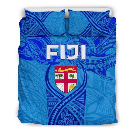 Blue Bedding Set Fiji Rugby Polynesian Waves Style