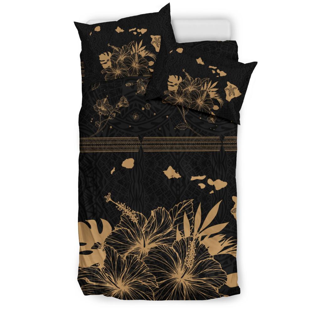 Hawaiian Map Hibiscus Turtle Polynesian Black And Gold Bedding Set