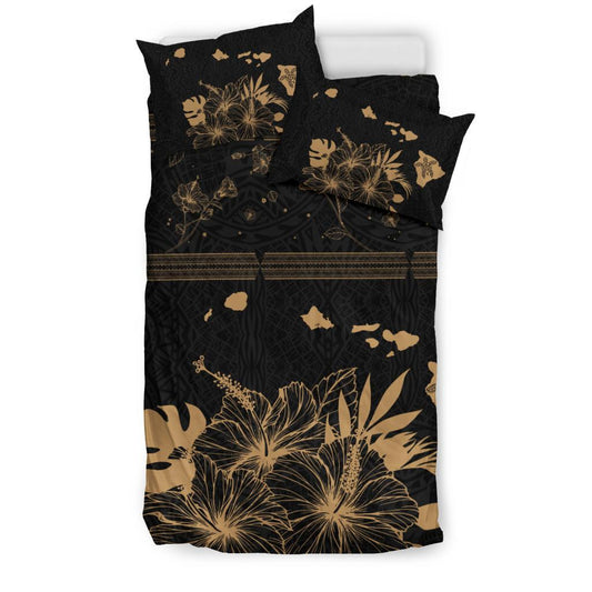 Hawaiian Map Hibiscus Turtle Polynesian Black And Gold Bedding Set