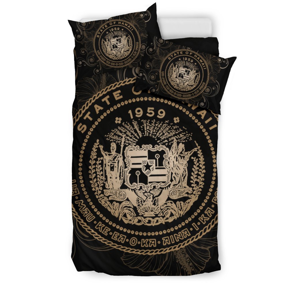 Hawaiian Hibiscus Flag Coat Of Arms Polynesian Bedding Set Gold Royal Style
