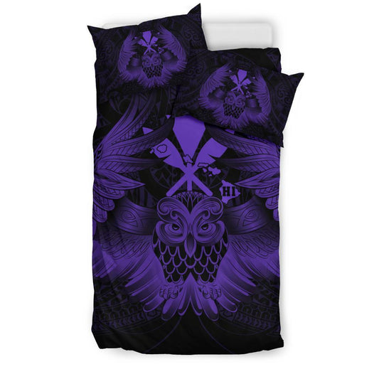 Hawaiian Map Owl Kanaka Bedding Set Pueo Aumakua Purple