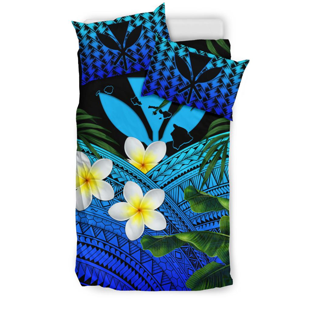 Kanaka Maoli (Hawaiian) Bedding Set, Polynesian Plumeria Banana Leaves Blue