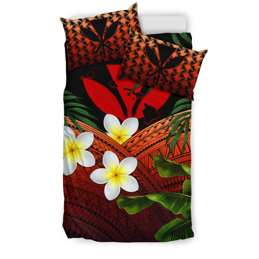 Kanaka Maoli (Hawaiian) Bedding Set, Polynesian Plumeria Banana Leaves Red