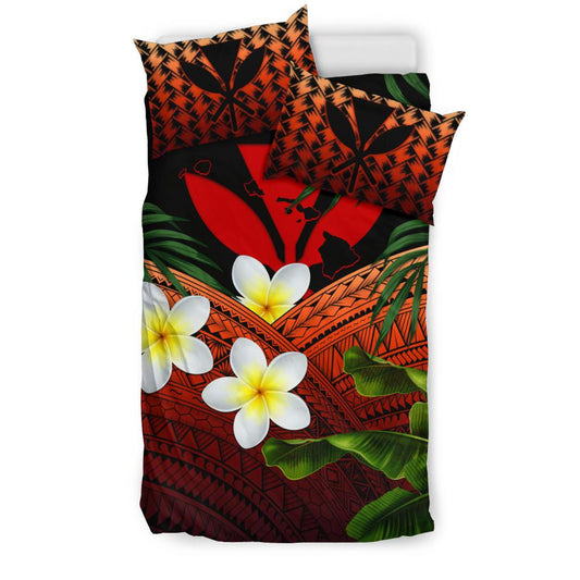 Kanaka Maoli (Hawaiian) Bedding Set, Polynesian Plumeria Banana Leaves Red