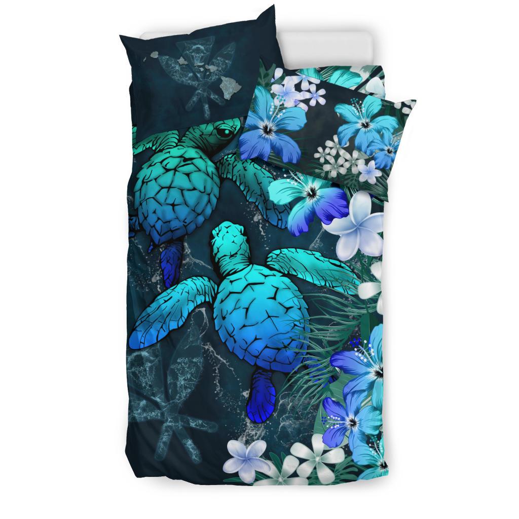Kanaka Maoli (Hawaiian) Bedding set Sea Turtle Tropical Hibiscus And Plumeria Blue