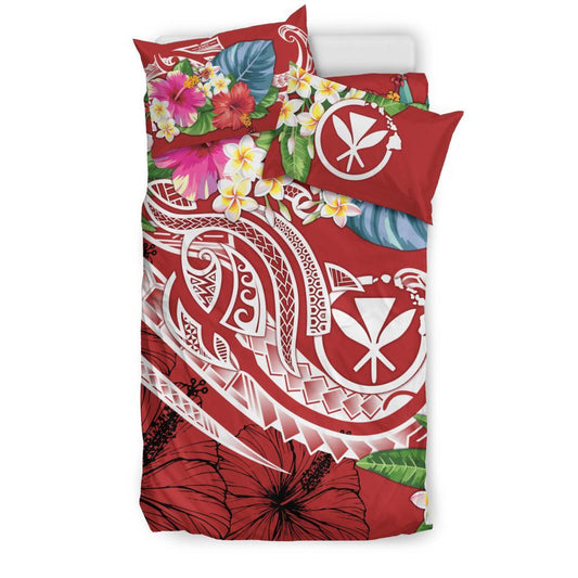 Polynesian Hawaii Kanaka Maoli Bedding Set Summer Plumeria (Red)