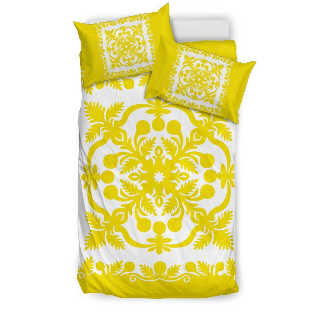 Hawaiian Bedding Set Royal Pattern Yellow And White