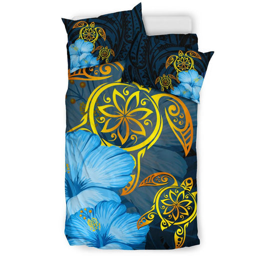 Hawaii Bedding Set Turtle Hibiscus Pattern Hawaiian Bedding Set Blue