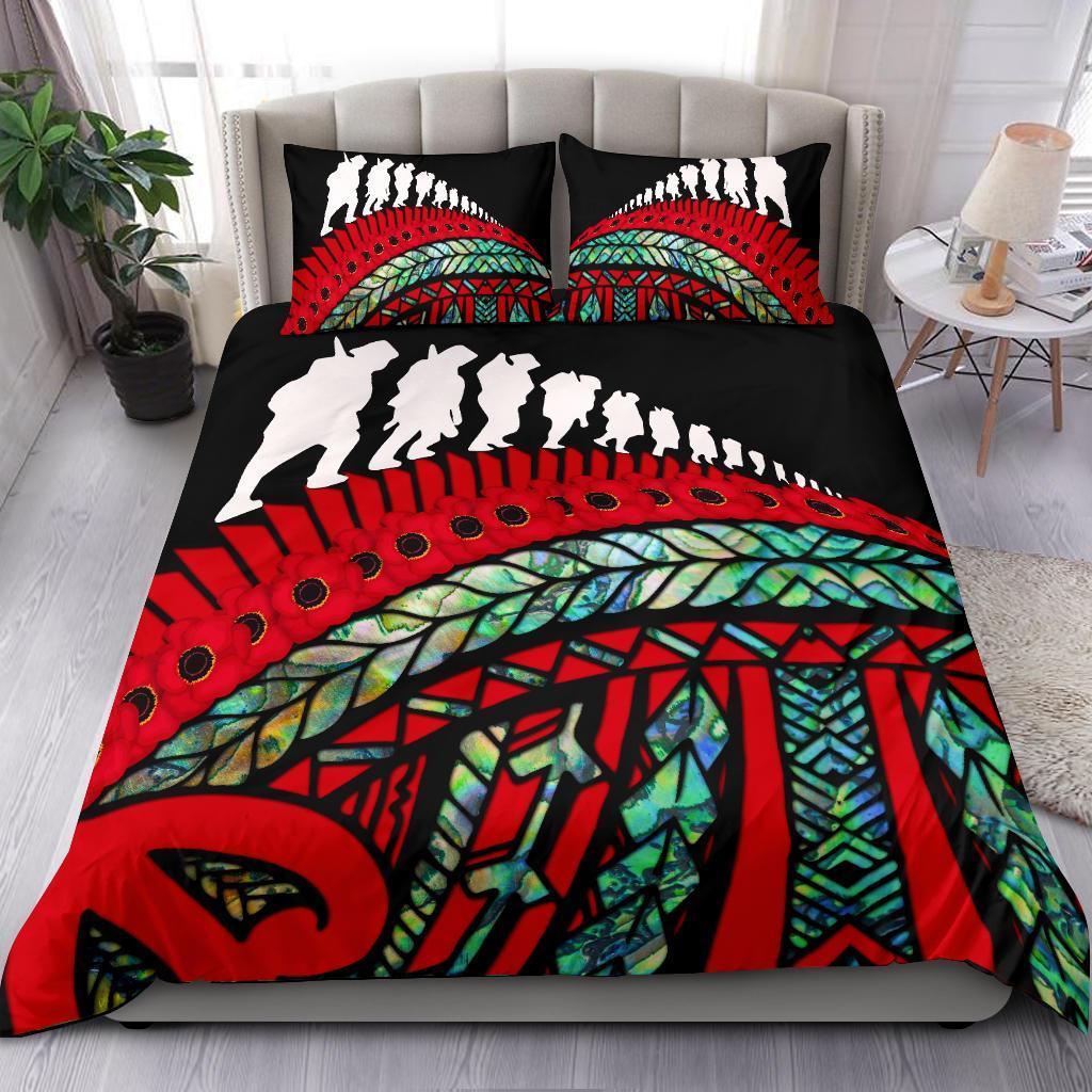 Anzac New Zealand Bedding Set, Poppies Lest We Forget Maori Duvet Cover Soldiers Paua