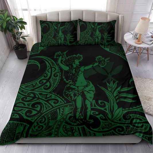 Polynesian Bedding Set Hawaii Duvet Cover Set Hula Girl Green