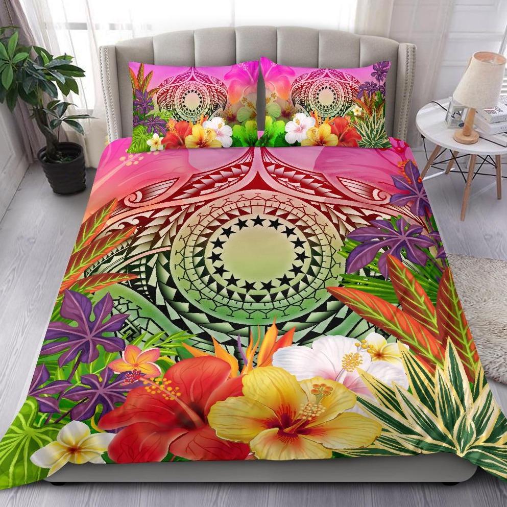 Cook Islands Polynesian Bedding Set Manta Ray Tropical Flowers