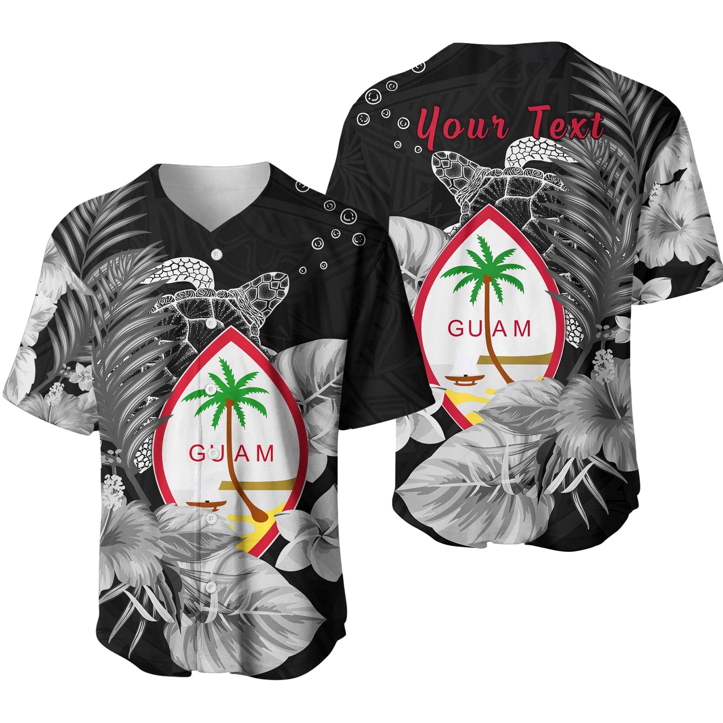 (Custom Personalised) Guam Seal Baseball Jersey Polynesian Turtle with Flowers Version White