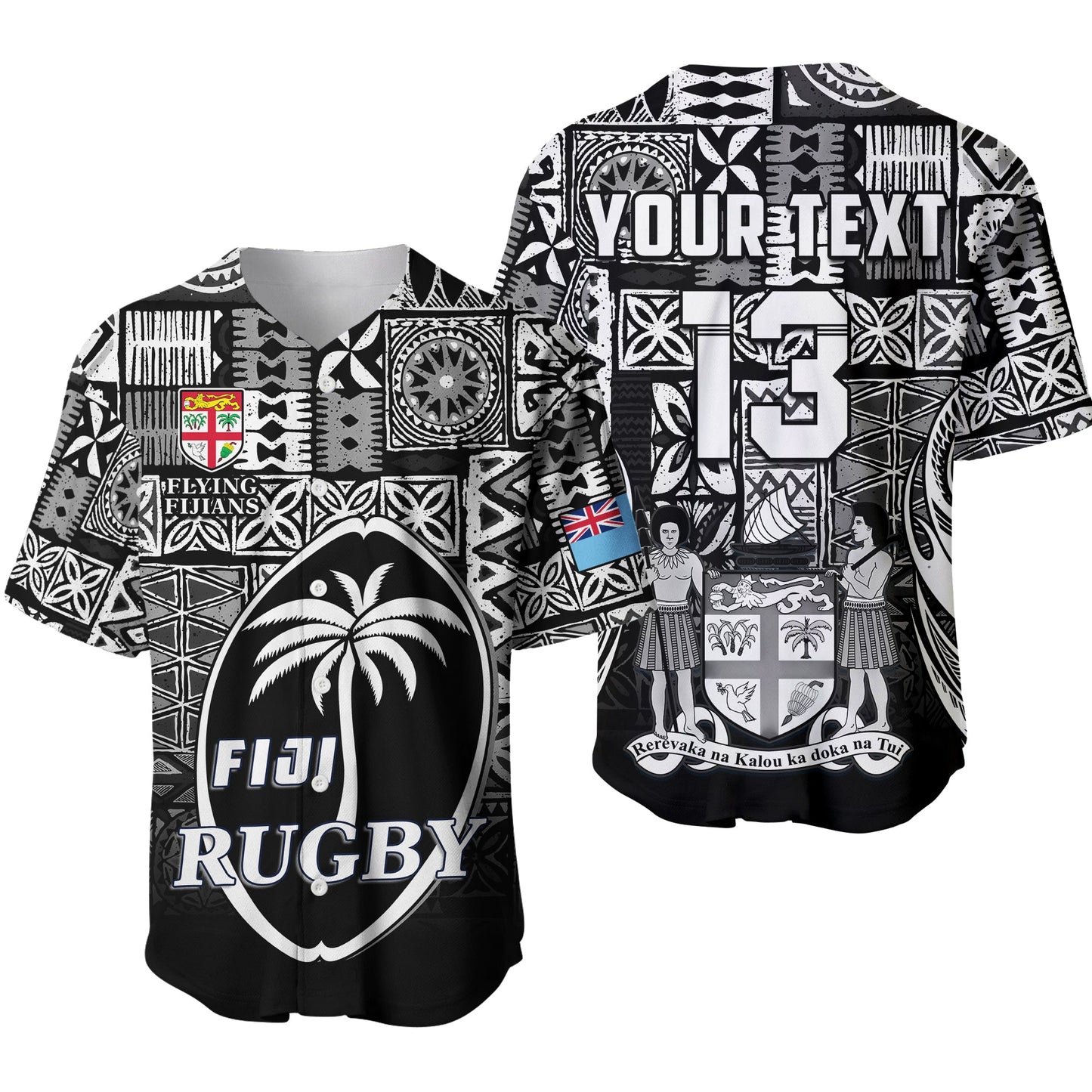 (Custom Text and Number) Fiji Rugby Baseball Jersey Flying Fijians Black Tapa Pattern