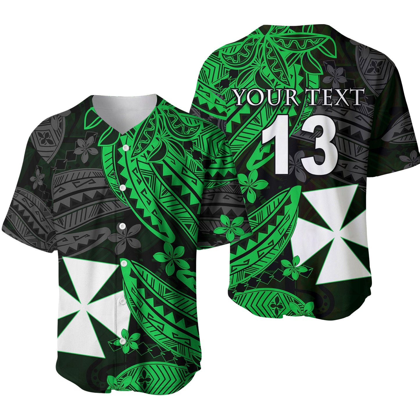 (Custom Text and Number) Wallis and Futuna Baseball Jersey Enjoy Polynesian Flowers Version Green