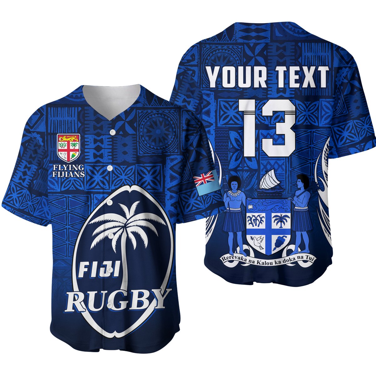 (Custom Text and Number) Fiji Rugby Baseball Jersey Flying Fijians Blue Tapa Pattern