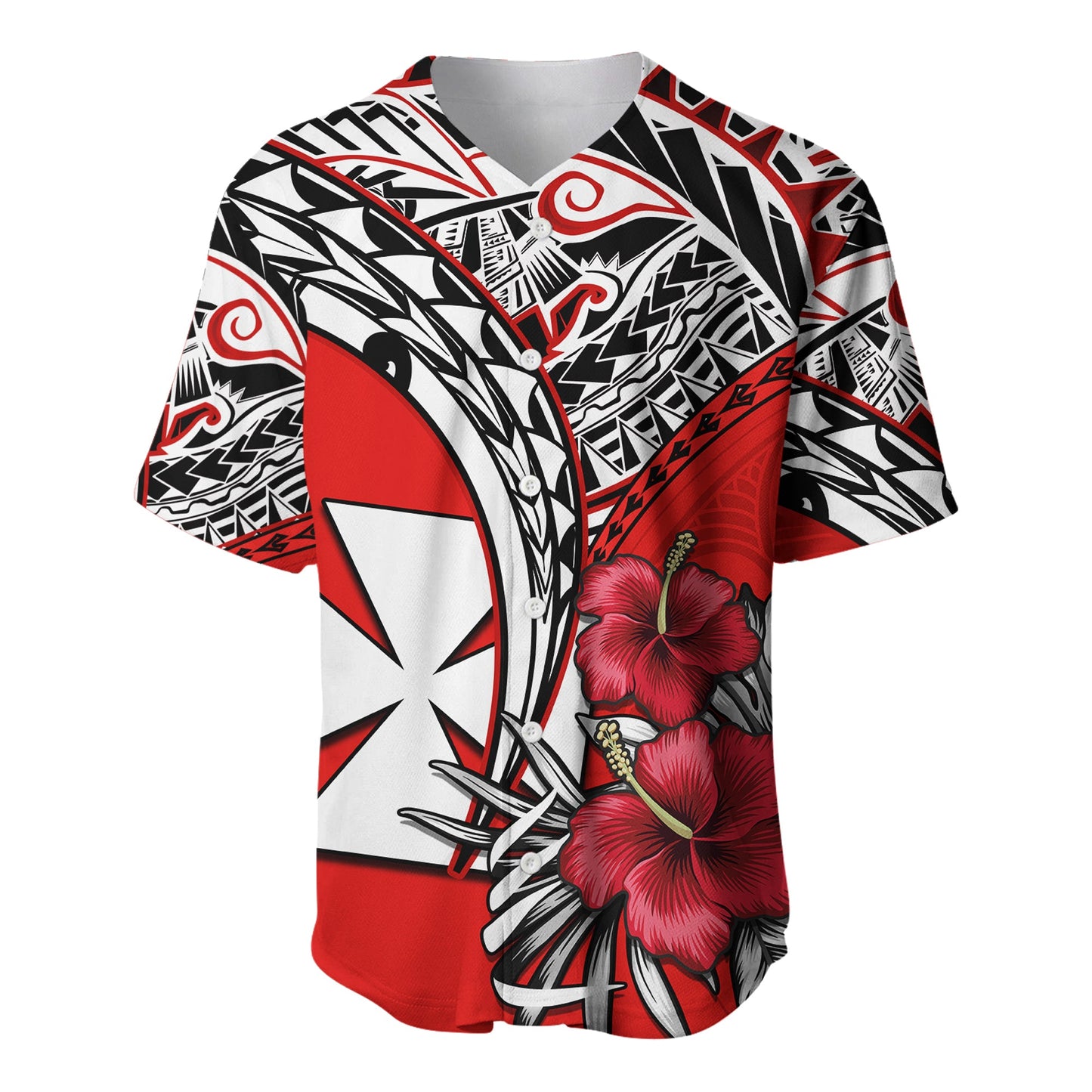 Wallis et Futuna Baseball Jersey Polynesian Pattern and Hibiscus Flowers Version Red