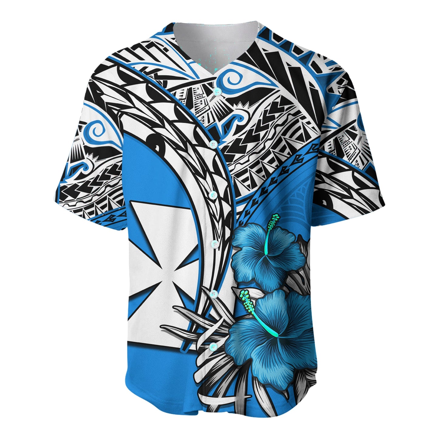 Wallis et Futuna Baseball Jersey Polynesian Pattern and Hibiscus Flowers Version Blue