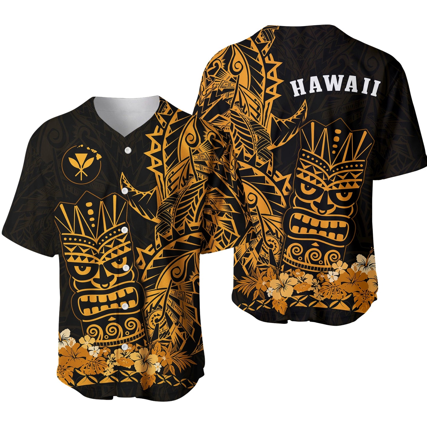 Hawaii Polynesian Baseball Jersey Gold Tiki Masks Hawaiian