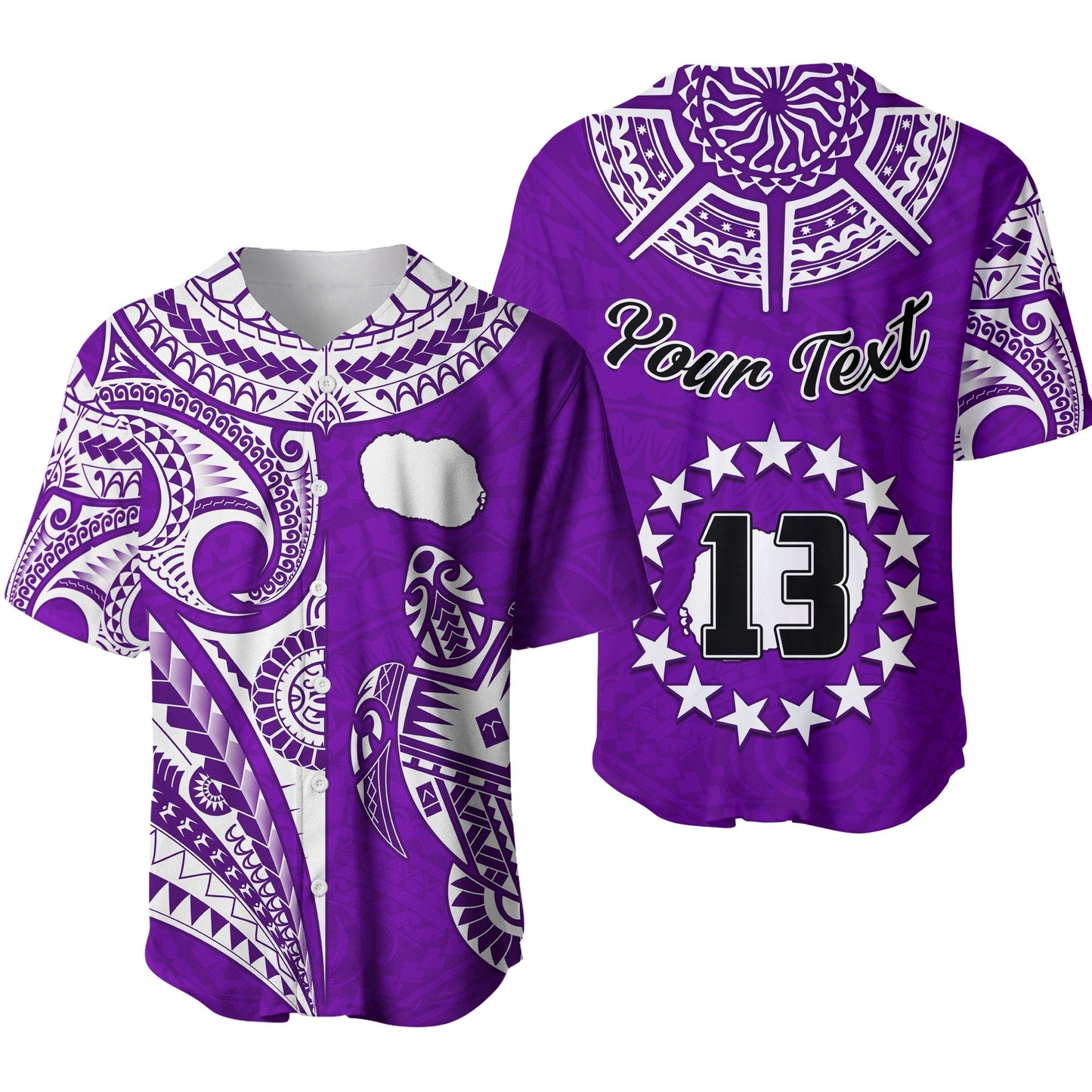 (Custom Text and Number) Rarotonga Cook Islands Baseball Jersey Turtle and Map Style Purple