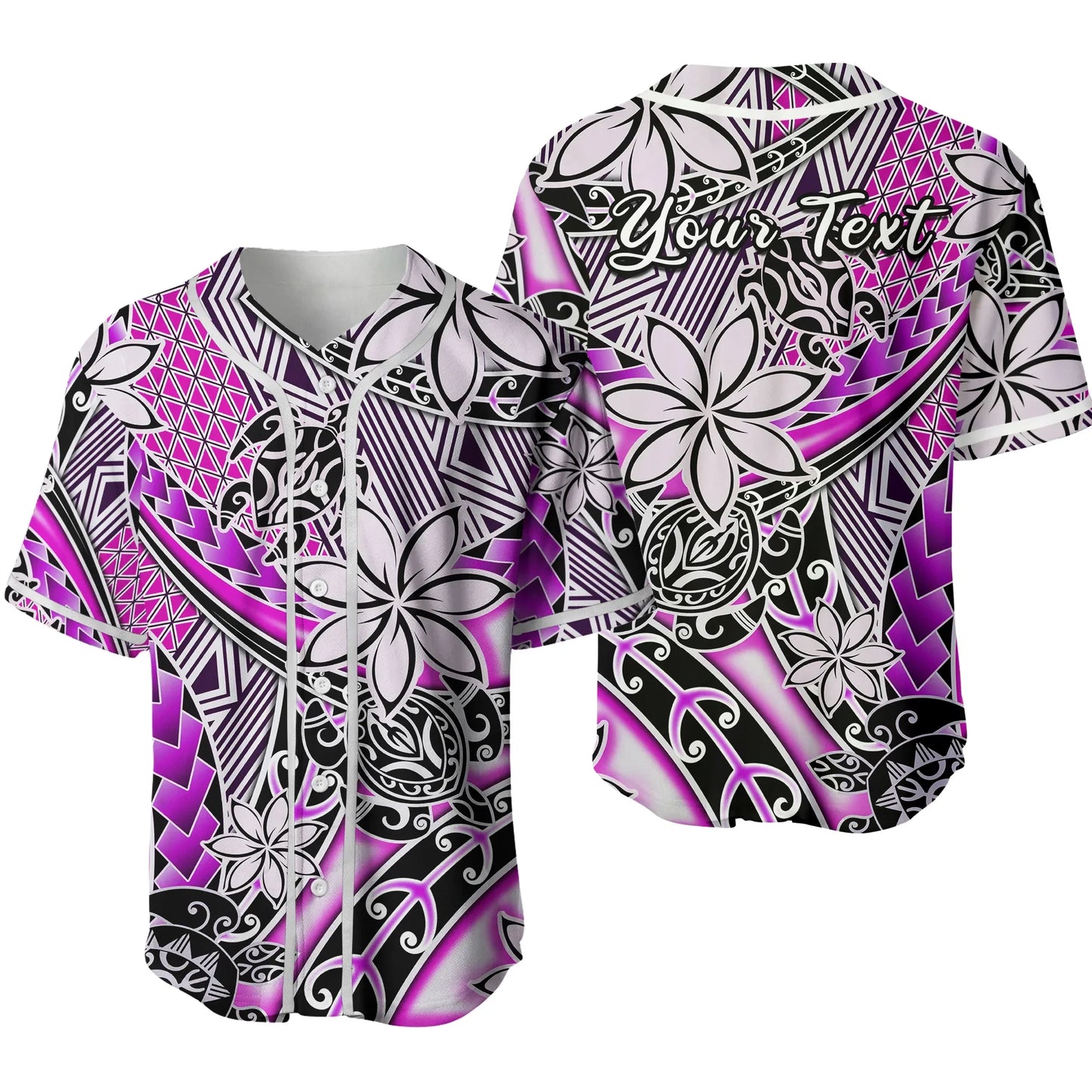 (Custom Personalised) Hawaii Baseball Jersey Tribal Plumeria With Polynesian Turtle Strip Ver.02