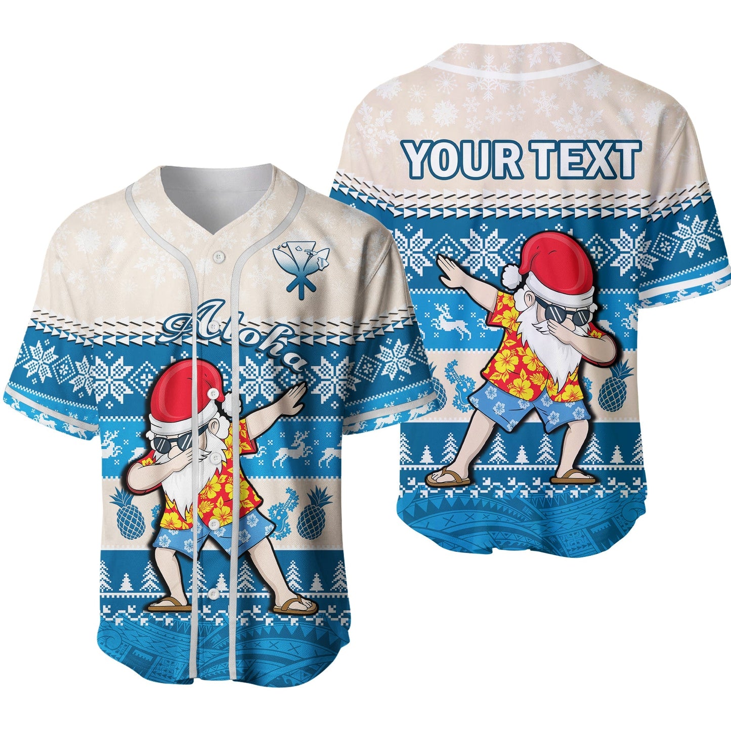 (Custom Personalised) Hawaii Mele Kalikimaka Baseball Jersey Dabbing Santa Blue Merry Christmas Ver.02