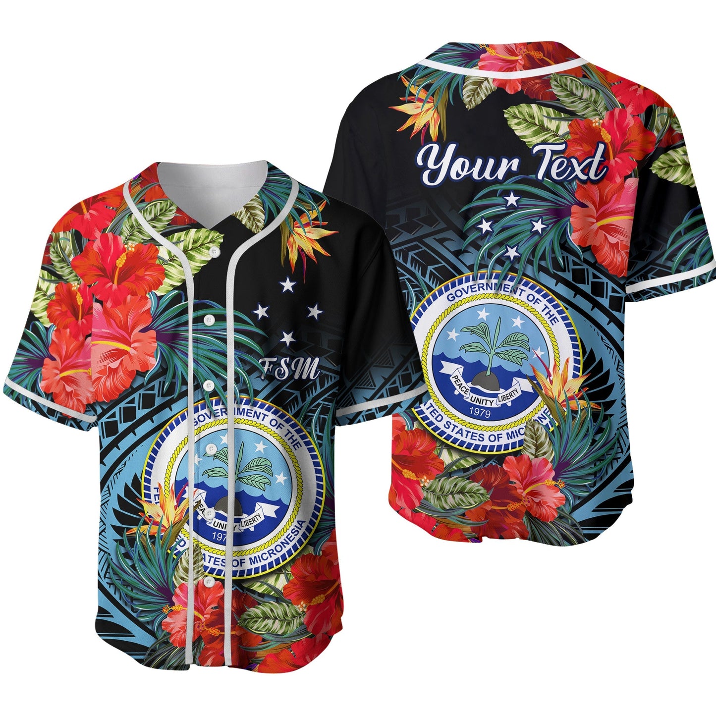 (Custom Personalised) Federated States of Micronesia Baseball Jersey Hibiscus Flowers FSM Seal Polynesian Ver.02