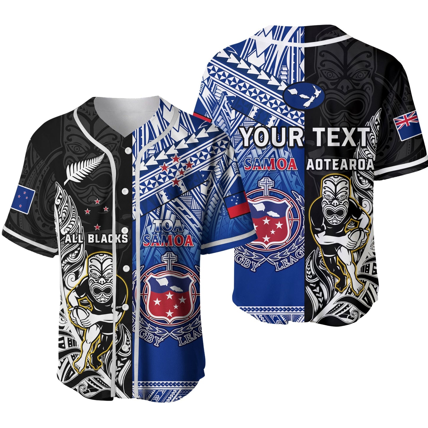 (Custom Personalised) All Black And Toa Samoa Rugby Baseball Jersey NZ Maori Fern Mix Polynesian Ver.02
