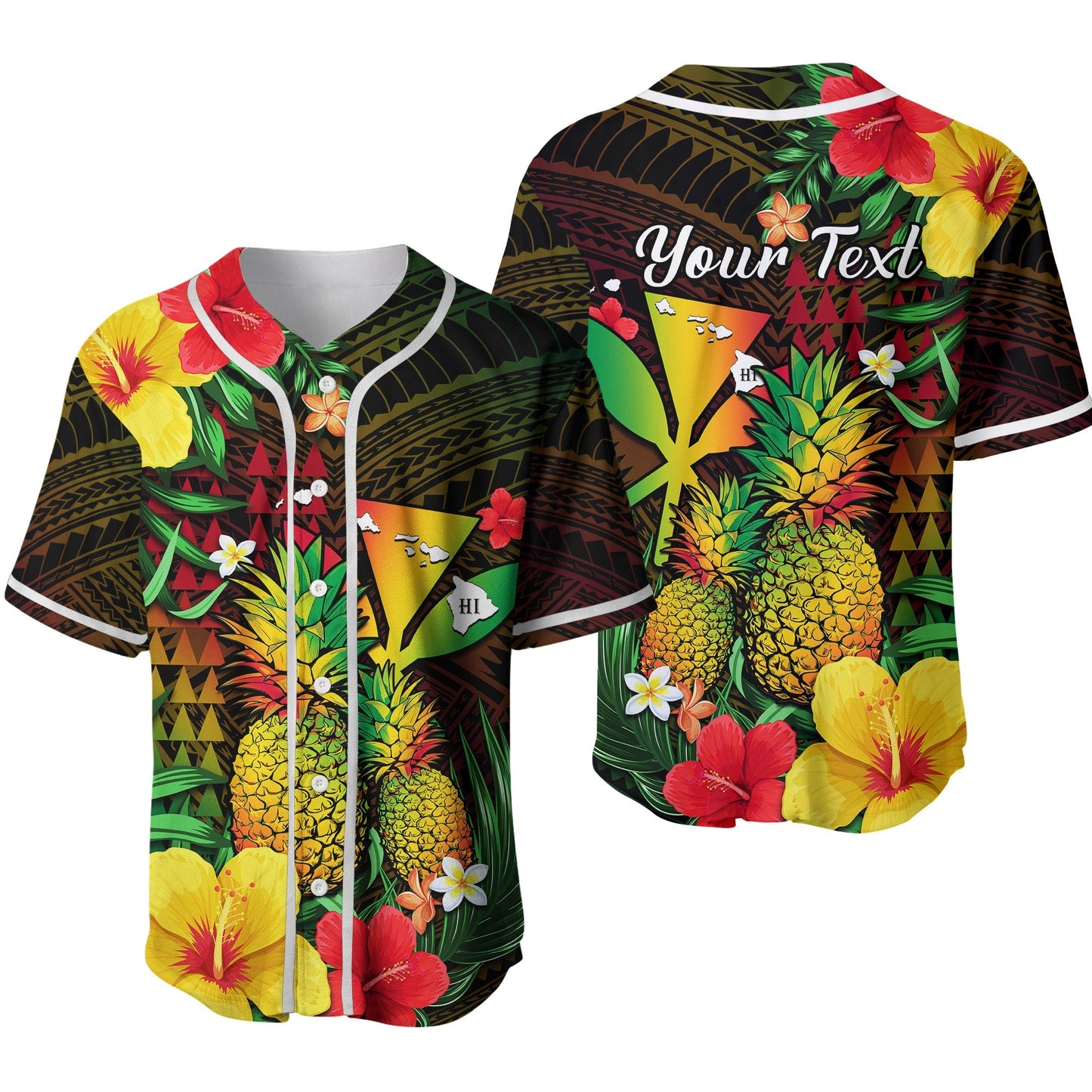 (Custom Personalised) Hawaii Baseball Jersey Pineapple Mix Kakau Reggae Kanaka Ver.02