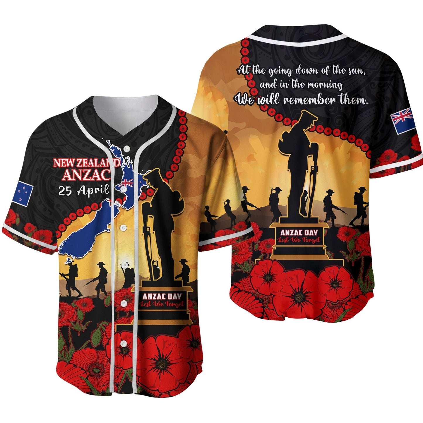 New Zealand Anzac Baseball Jersey Maori Camouflage Mix Poppies We Will Remember Them Ver.02