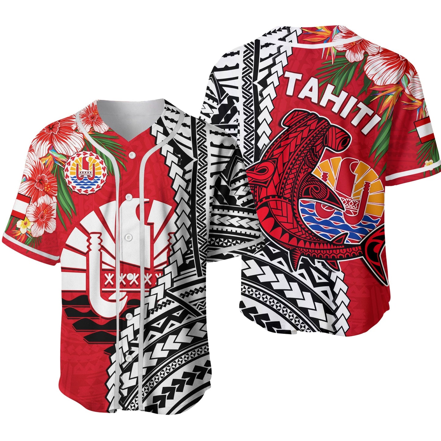 Tahiti Islands Baseball Jersey Polynesian Shark Mix Tropical Flowers Ver.02