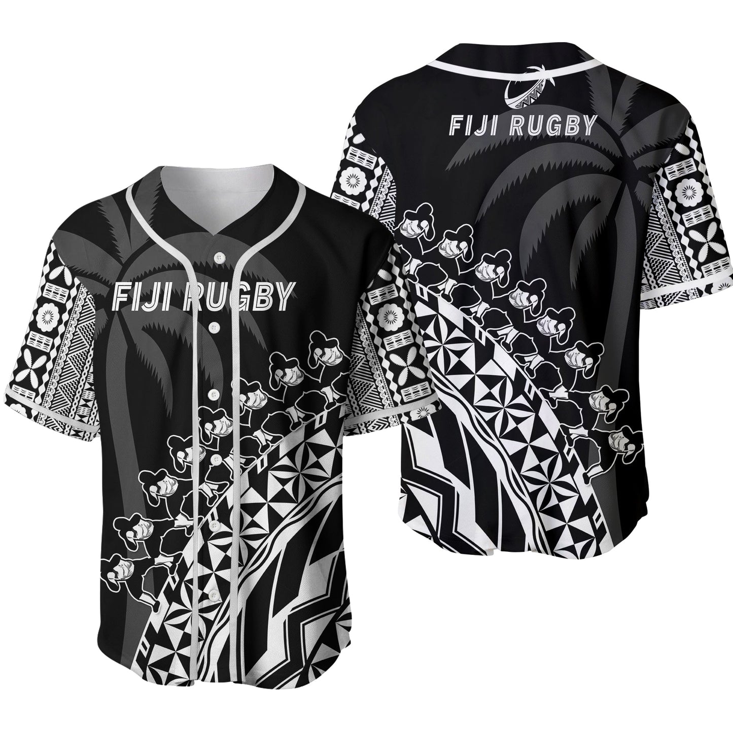 Fiji Rugby Baseball Jersey Fijian Cibi Dance Tapa Pattern Black 02