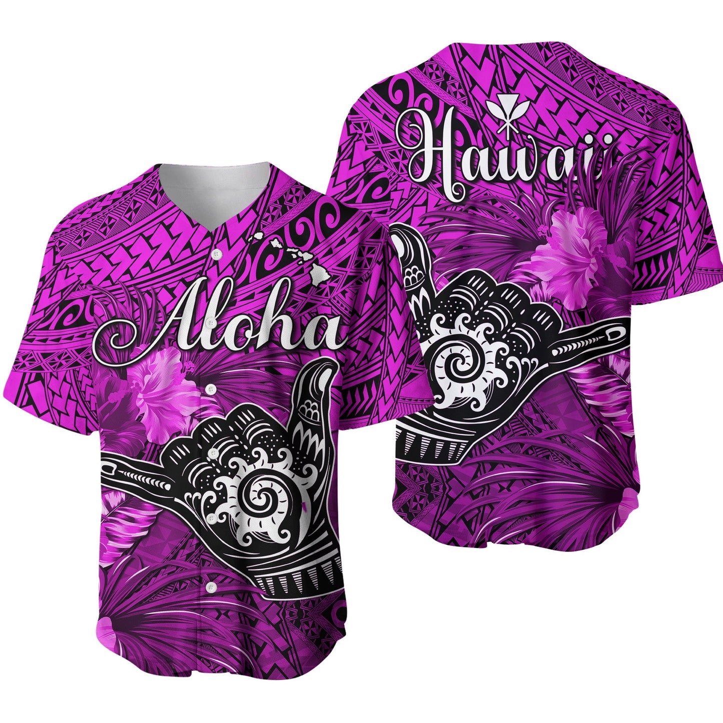 The Shaka Hawaii Baseball Jersey Tropical Flowers Purple Version