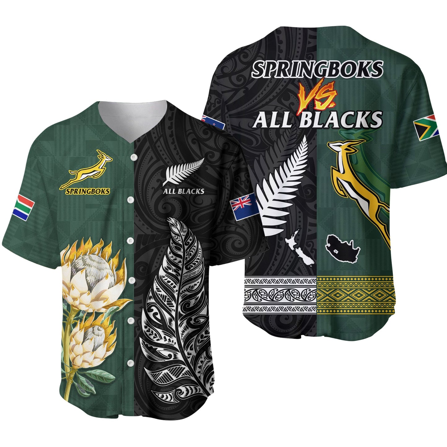 South Africa Protea and New Zealand Fern Baseball Jersey Rugby Go Springboks vs All Black