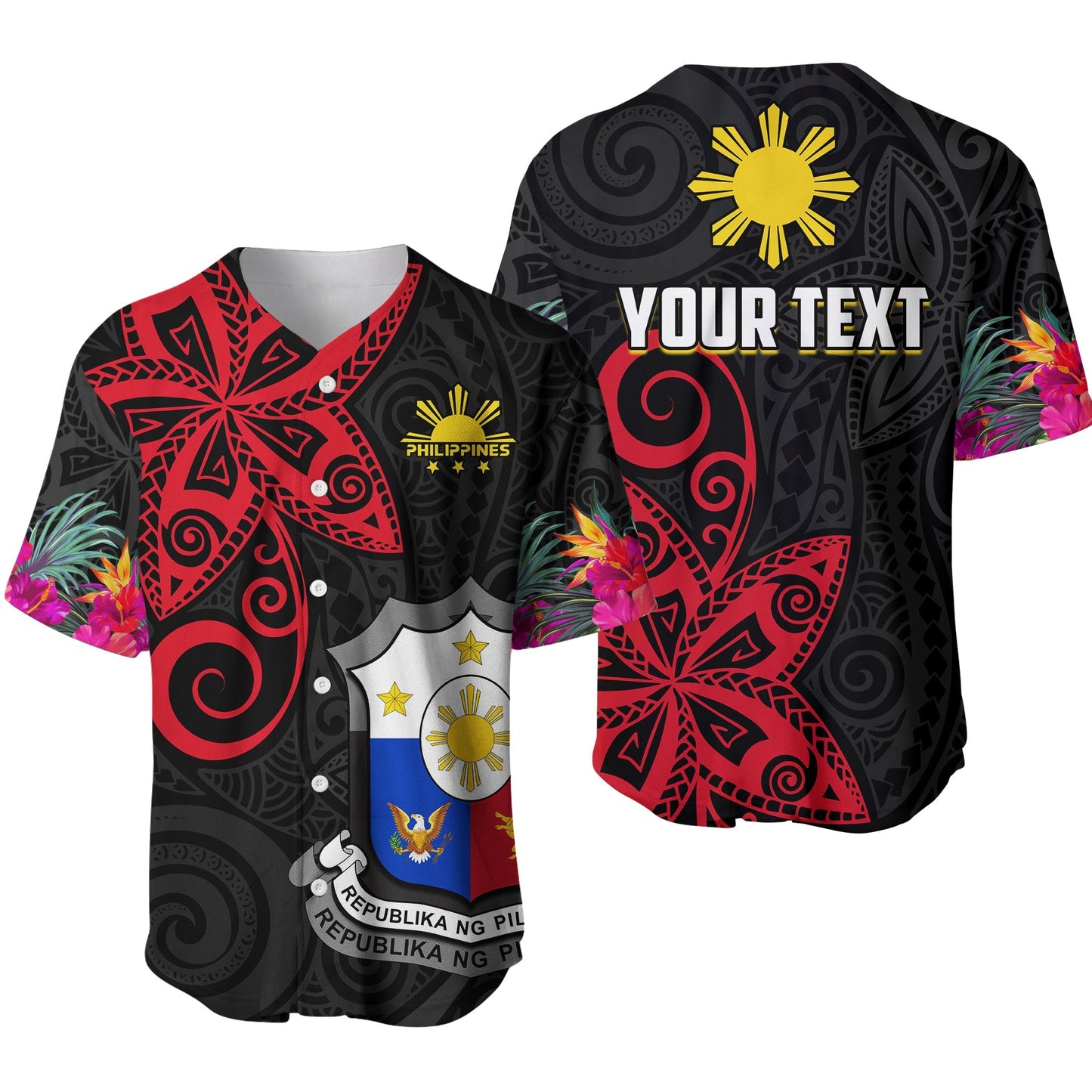 (Custom Personalised) Philippines Baseball Jersey Sun Filipino Polynesian mix Flowers Black Vibe
